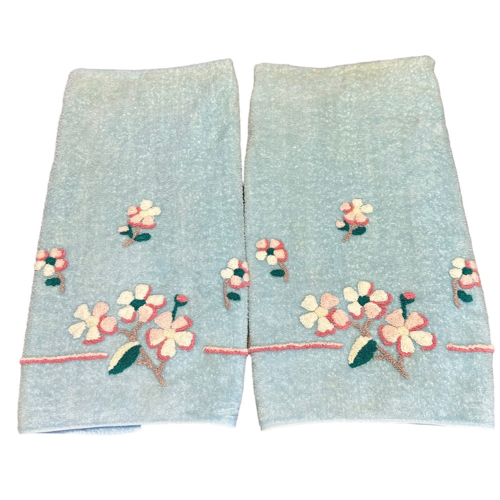 Vintage Blue 2pc Martex Chenille Floral Bath Towel *Flaws Craft Cutter Fabric